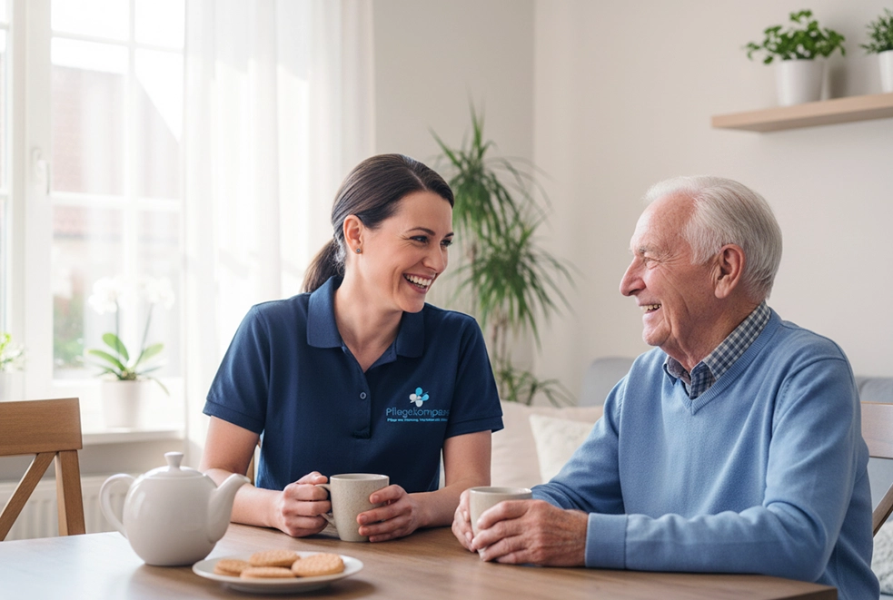 Pflegekraft des ambulanten Pflegedienstes Pflegekompass im persönlichen Gespräch mit Senior in Berlin