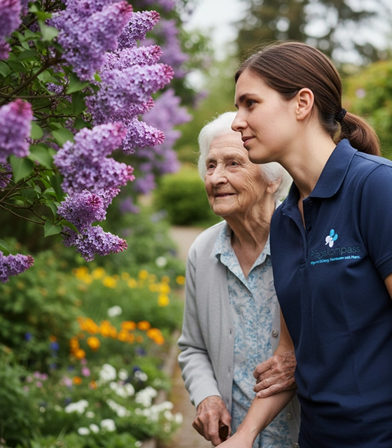 Pflegekraft und Klientin betrachten gemeinsam einen blühenden Busch im Garten – würdevolle ambulante Pflege in Berlin