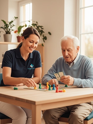 Pflegerin spielt gemeinsam mit einem älteren Mann ein Brettspiel – menschliche ambulante Pflege in Berlin